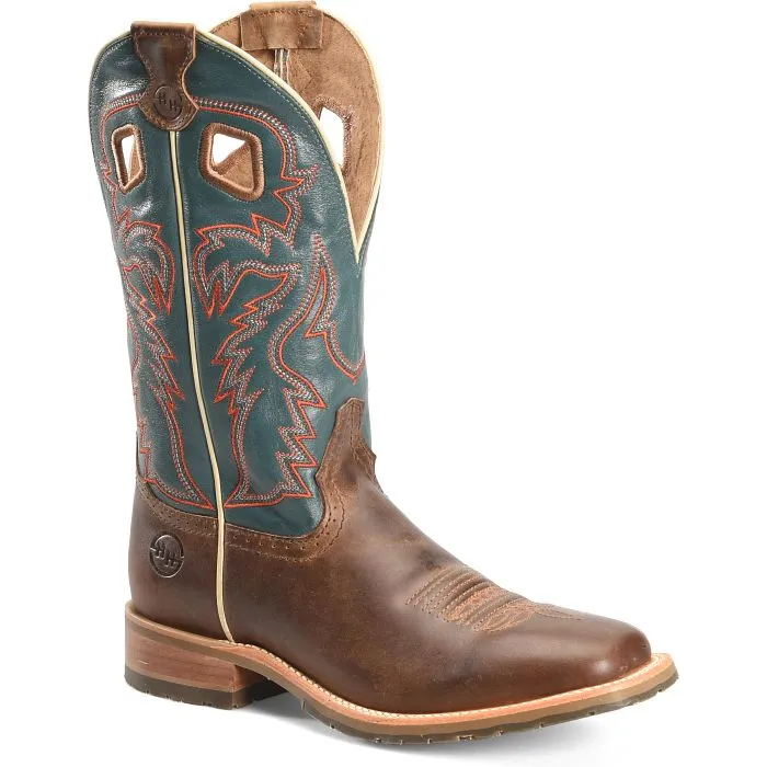 'Double H' Men's 12"Elliot SR Western Square Toe Roper - Brown / Green