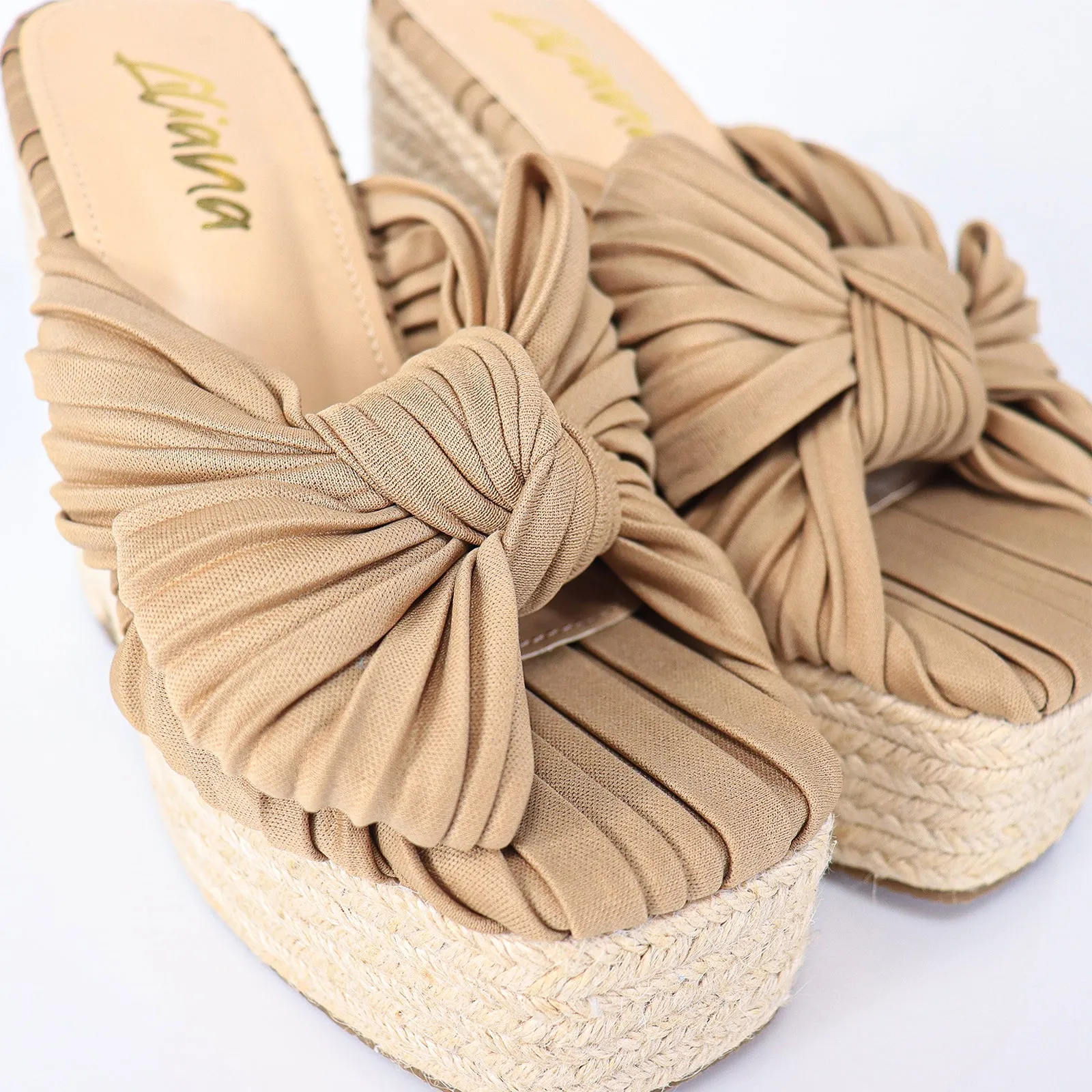 ELLY-1 PLEATED BOW SANDAL W/ ESPADDRILLE WEDGE - BEIGE