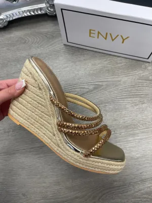GIAVANNA STRAPPY GOLD DIAMANTE WEDGES