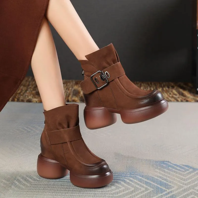 Goth Leather Mid Heels Chunky Boots