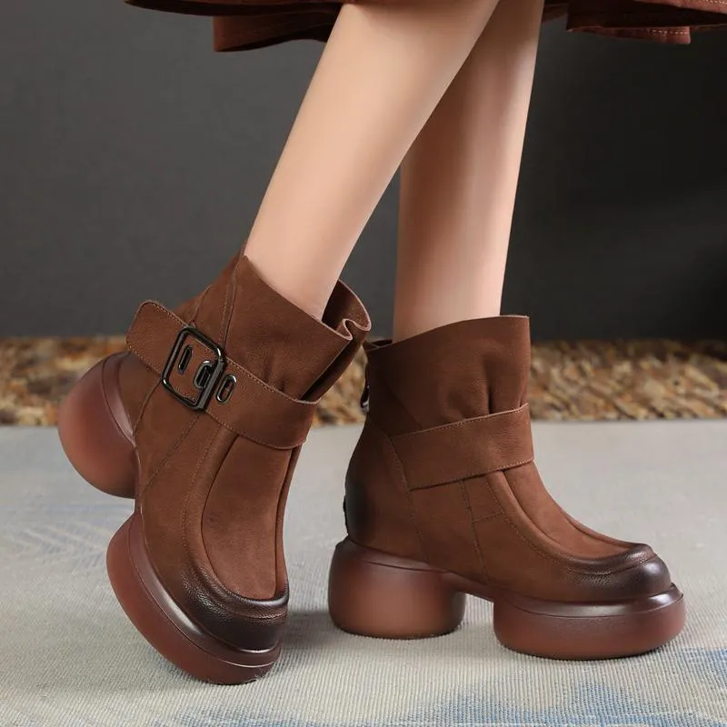 Goth Leather Mid Heels Chunky Boots