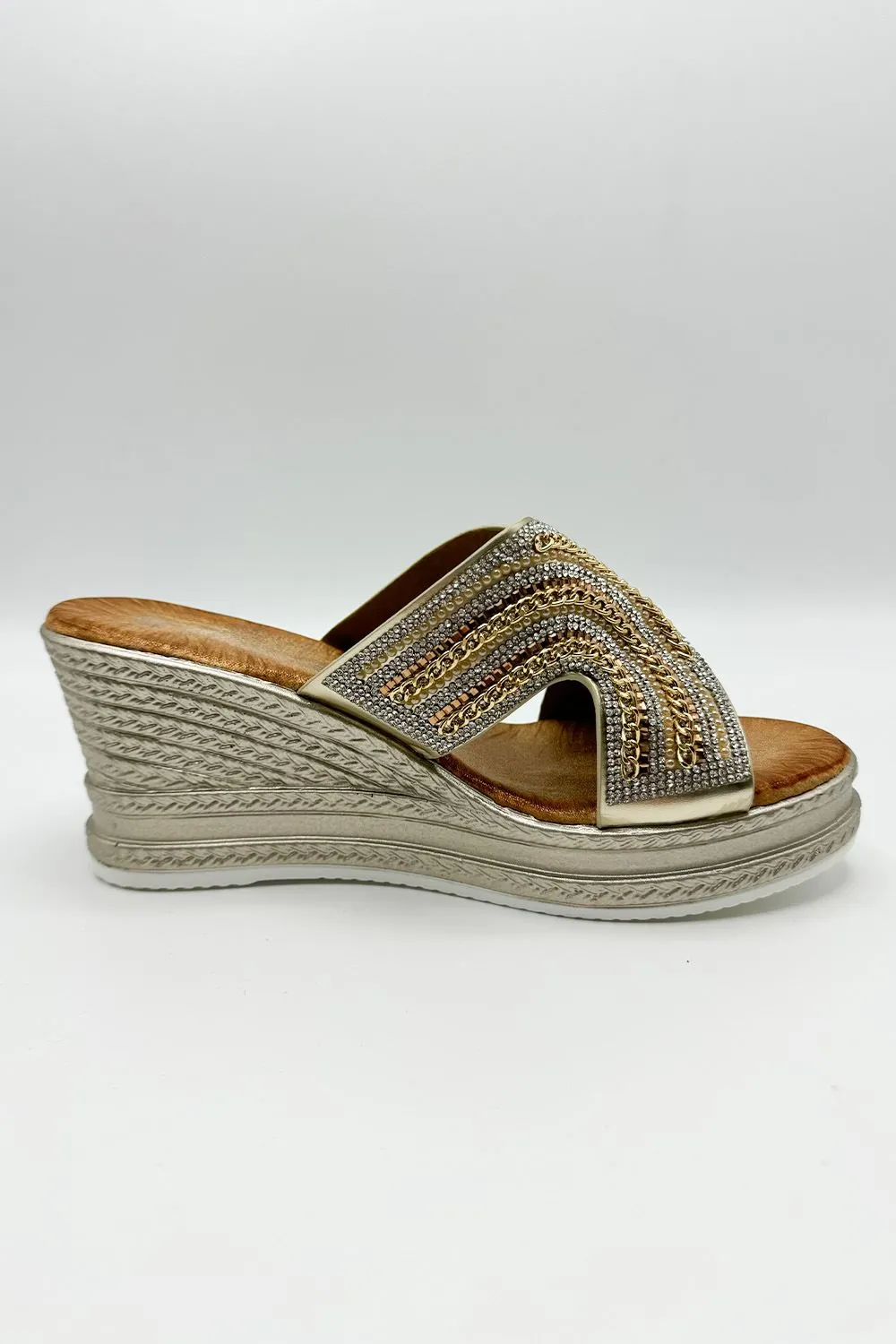 Hestia Diamante Strap Wedge Mules in Gold