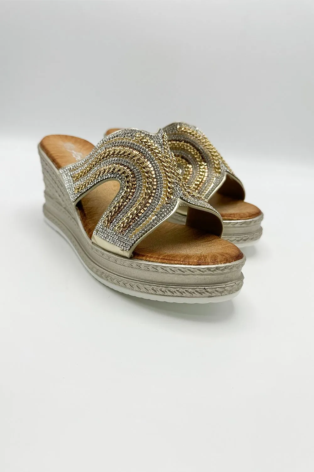 Hestia Diamante Strap Wedge Mules in Gold