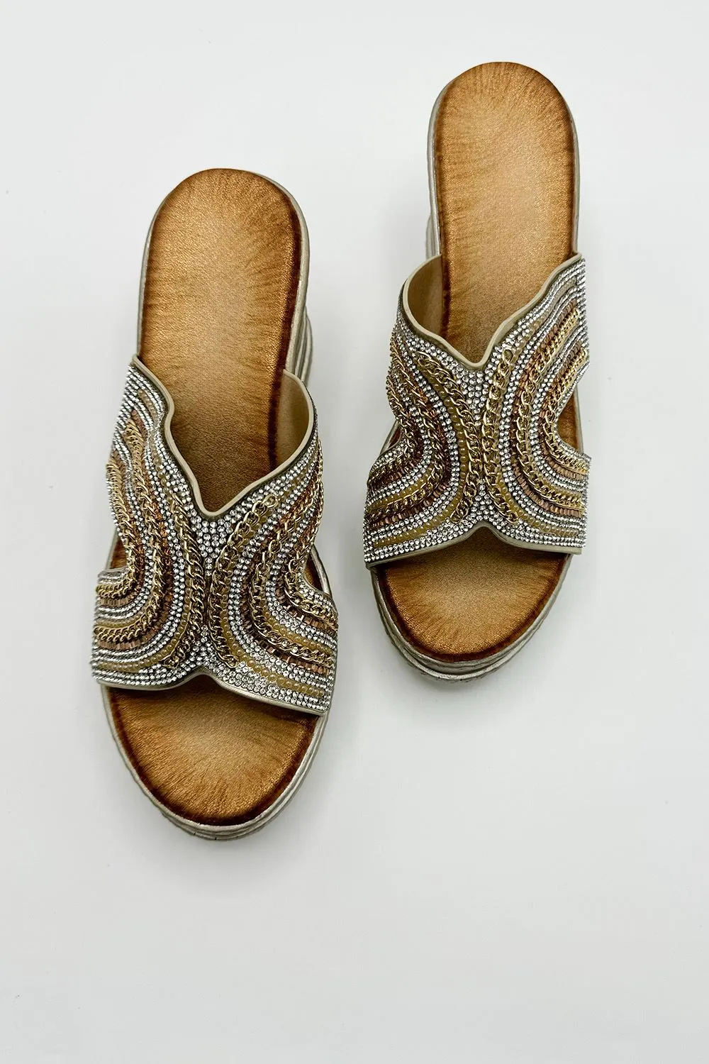 Hestia Diamante Strap Wedge Mules in Gold