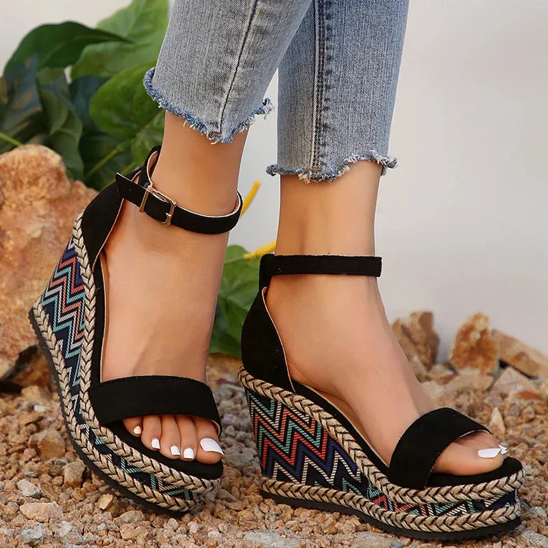 Hnzxzm Ankle Strap Wedge Sandals for Women Super High Heels Platform Sandals Woman Summer 2024 Plus Size Striped Thick Sole Party Shoes