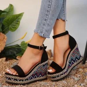 Hnzxzm Ankle Strap Wedge Sandals for Women Super High Heels Platform Sandals Woman Summer 2024 Plus Size Striped Thick Sole Party Shoes
