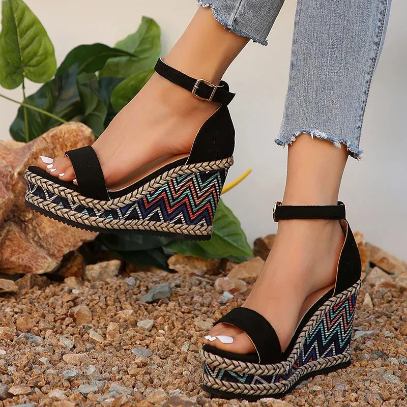 Hnzxzm Ankle Strap Wedge Sandals for Women Super High Heels Platform Sandals Woman Summer 2024 Plus Size Striped Thick Sole Party Shoes