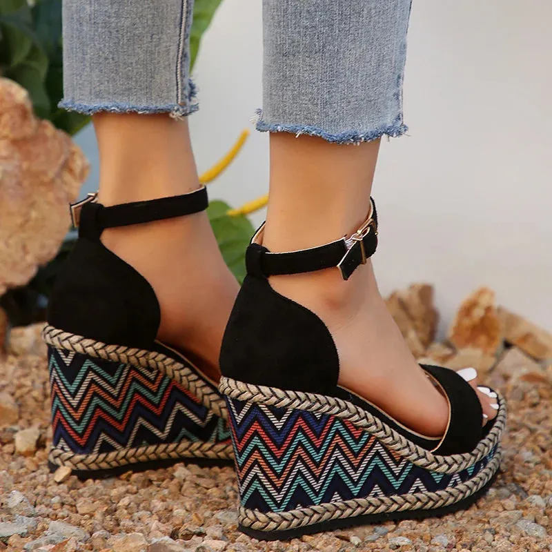Hnzxzm Ankle Strap Wedge Sandals for Women Super High Heels Platform Sandals Woman Summer 2024 Plus Size Striped Thick Sole Party Shoes