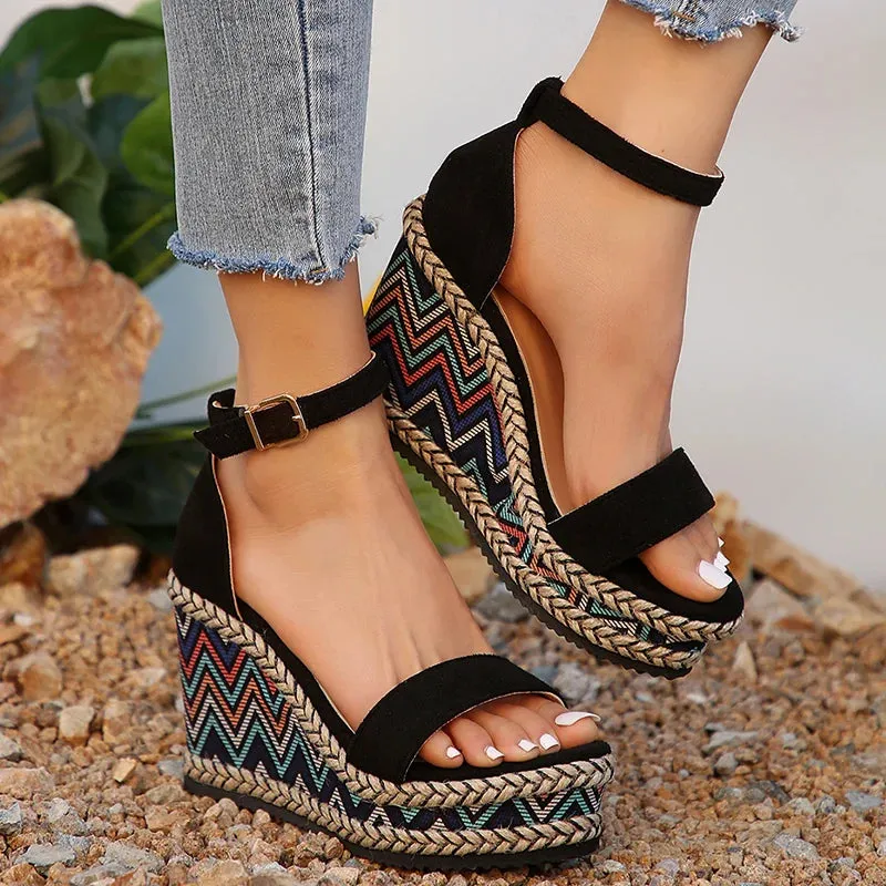 Hnzxzm Ankle Strap Wedge Sandals for Women Super High Heels Platform Sandals Woman Summer 2024 Plus Size Striped Thick Sole Party Shoes