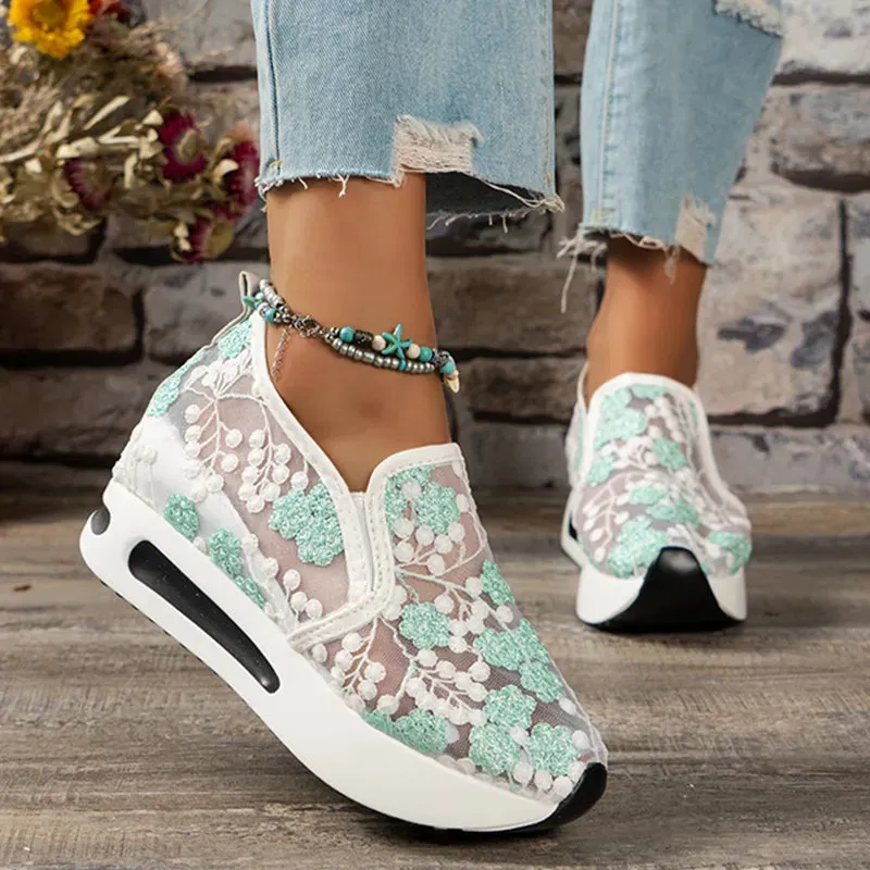 Hnzxzm Embroidery Thick Platform Sneakers Women Autumn Breathable Mesh Loafers Woman Plus Size 42 Slip On Wedge Heels Casual Shoes