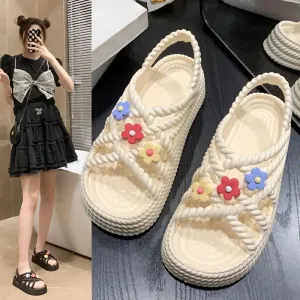 Hnzxzm Summer 2024 with Medium Heels Footwear Platform Sandals for Woman Beach Women's Shoes Round Toe Tip Wedge Waterproof Roman Style