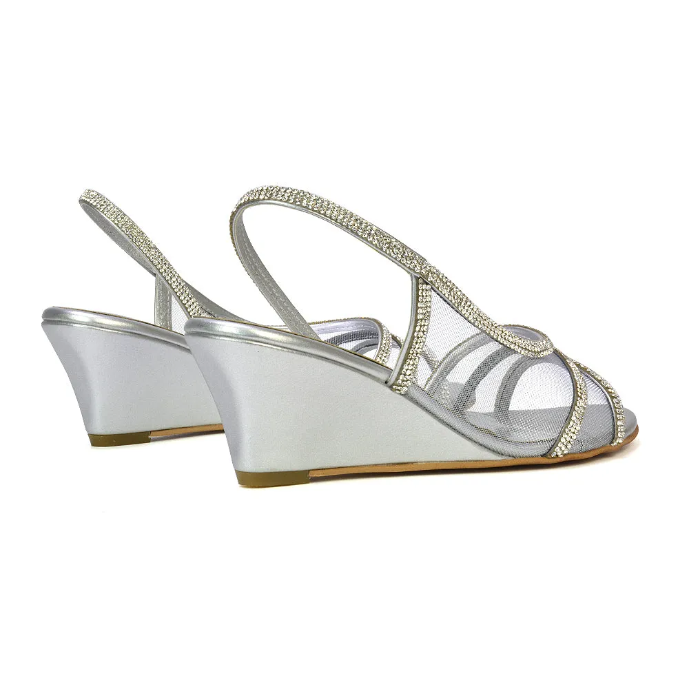 Indy Strappy Diamante Sandal Wedge Heels with Mesh in Silver