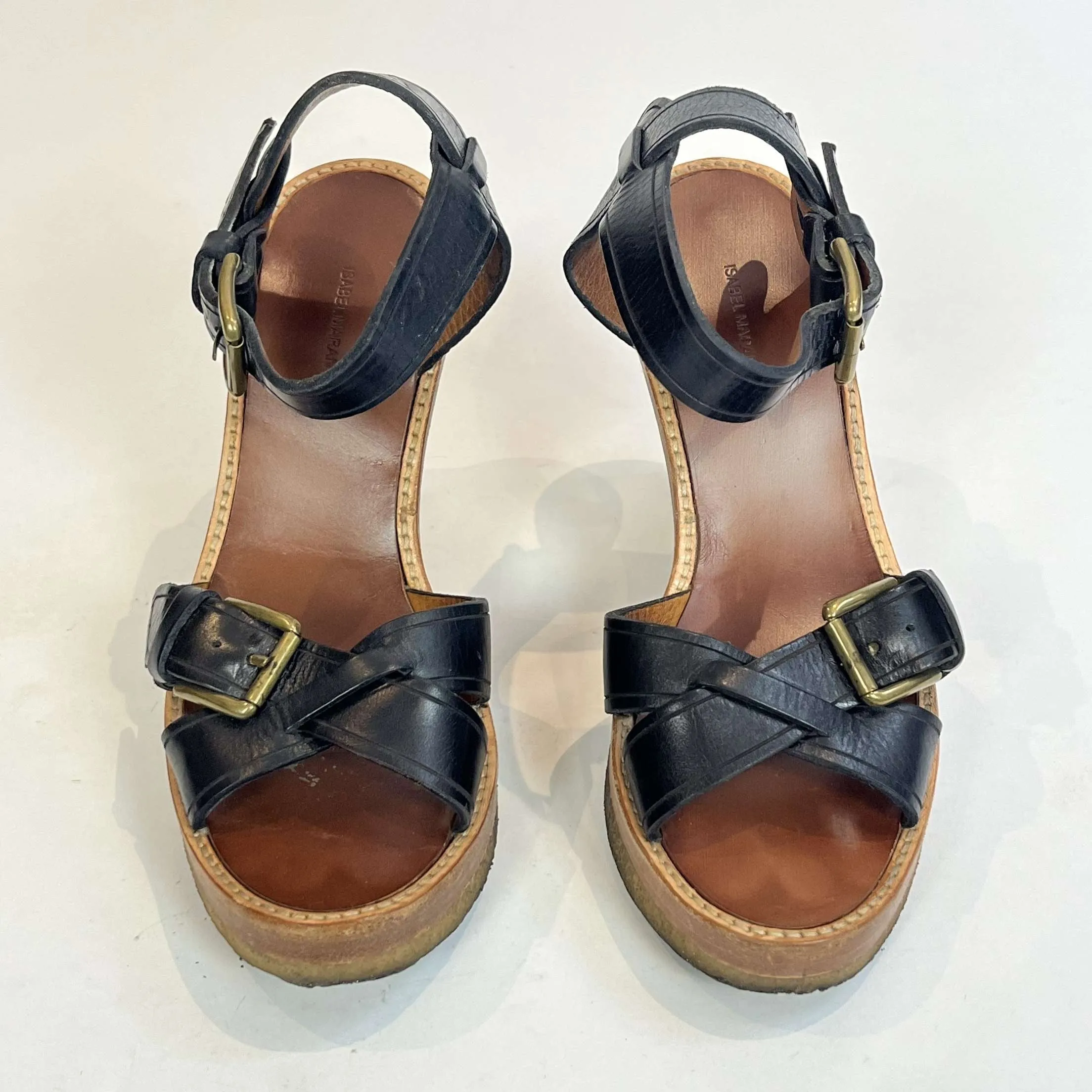 Isabel Marant Black Buckled Platform Wedge Sandals 38