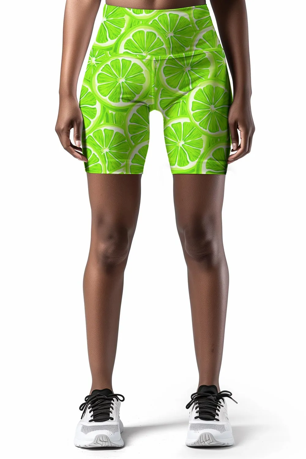 Lime Avenue Karen Green Lemon Print Athletic Yoga Biker Shorts - Women