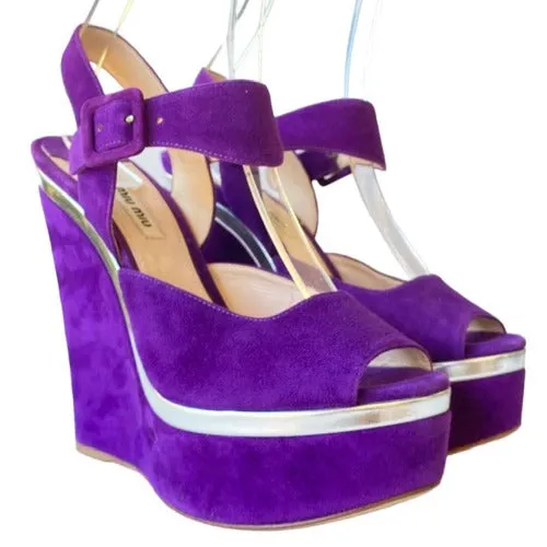 MIU MIU Purple Suede Ankle Strap Platform Wedge Sandals, Size 38