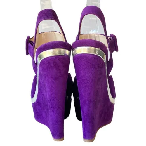 MIU MIU Purple Suede Ankle Strap Platform Wedge Sandals, Size 38