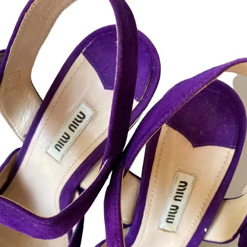 MIU MIU Purple Suede Ankle Strap Platform Wedge Sandals, Size 38