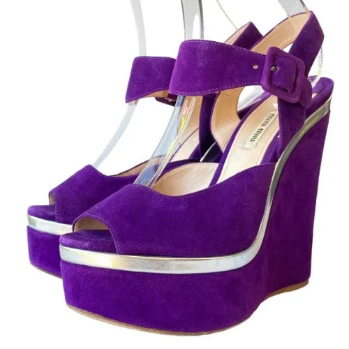 MIU MIU Purple Suede Ankle Strap Platform Wedge Sandals, Size 38