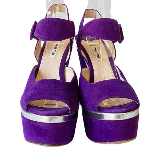 MIU MIU Purple Suede Ankle Strap Platform Wedge Sandals, Size 38