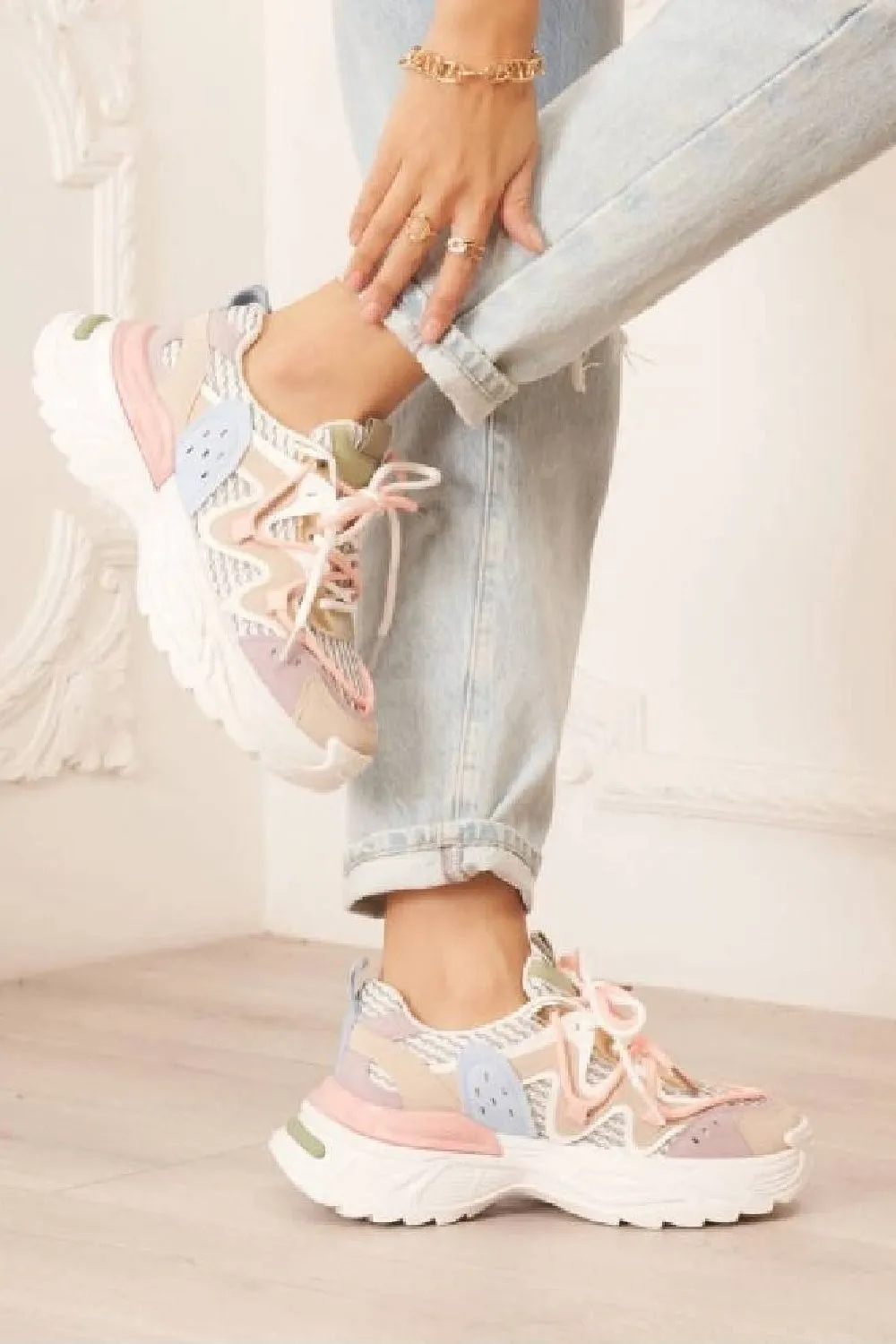 MULTI COLOUR LACE UP CHUNKY SNEAKERS TRAINERS