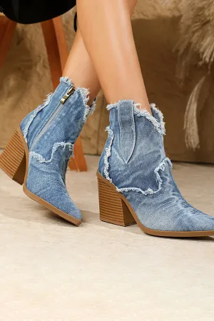 Pointed Toe Side Zip Denim  Boots