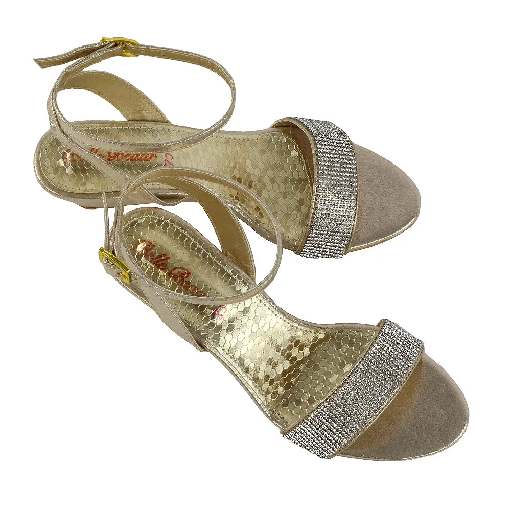 REAGAN DIAMANTE SPARKLY FRONT STRAP BUCKLE DETAIL SANDAL WEDGE LOW HEELS IN GOLD