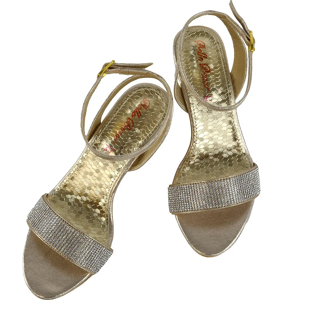 REAGAN DIAMANTE SPARKLY FRONT STRAP BUCKLE DETAIL SANDAL WEDGE LOW HEELS IN GOLD
