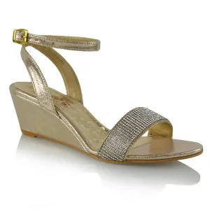 REAGAN DIAMANTE SPARKLY FRONT STRAP BUCKLE DETAIL SANDAL WEDGE LOW HEELS IN GOLD