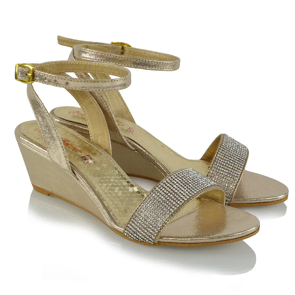 REAGAN DIAMANTE SPARKLY FRONT STRAP BUCKLE DETAIL SANDAL WEDGE LOW HEELS IN GOLD