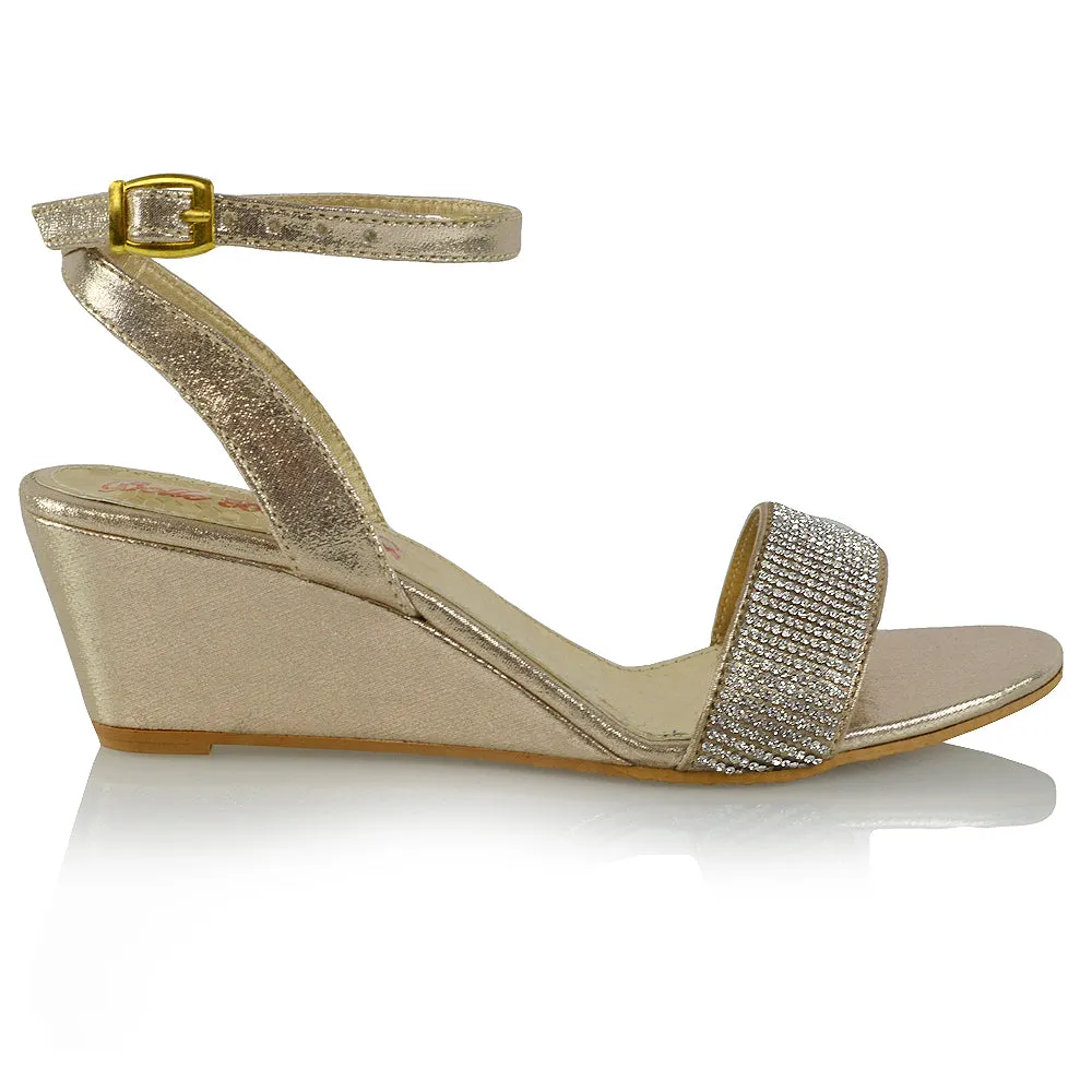 REAGAN DIAMANTE SPARKLY FRONT STRAP BUCKLE DETAIL SANDAL WEDGE LOW HEELS IN GOLD