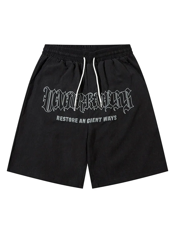 Retro Gothic Letter Print Casual Shorts