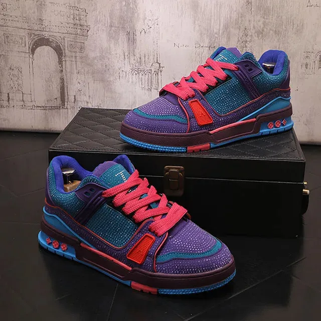 Rhinestone Mixed-Colors Lace-Up Sneakers