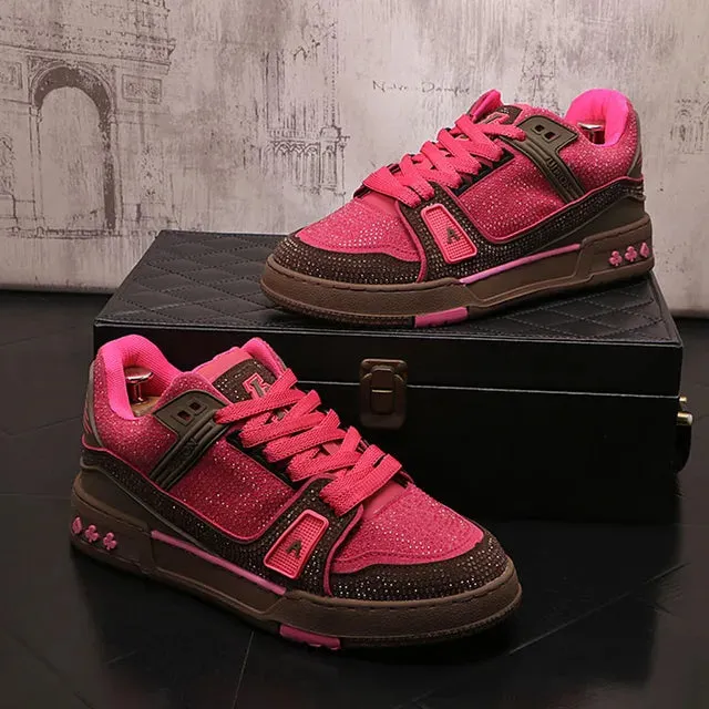 Rhinestone Mixed-Colors Lace-Up Sneakers