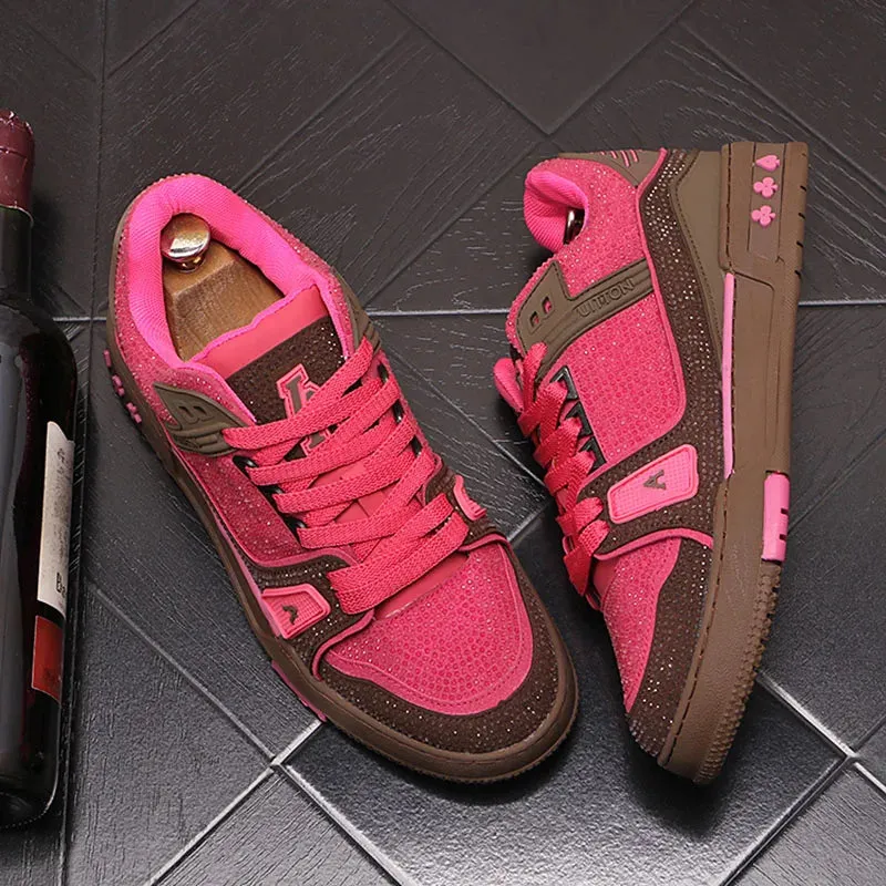 Rhinestone Mixed-Colors Lace-Up Sneakers