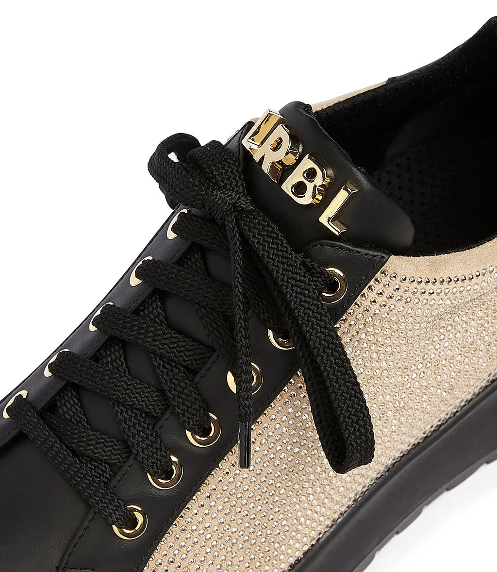 Rhinestoned black leather and beige suede sneakers
