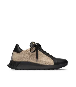 Rhinestoned black leather and beige suede sneakers