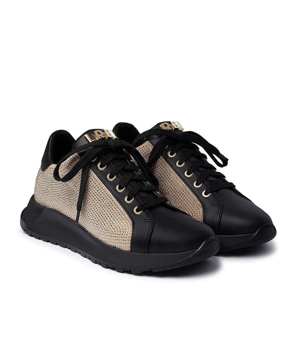 Rhinestoned black leather and beige suede sneakers