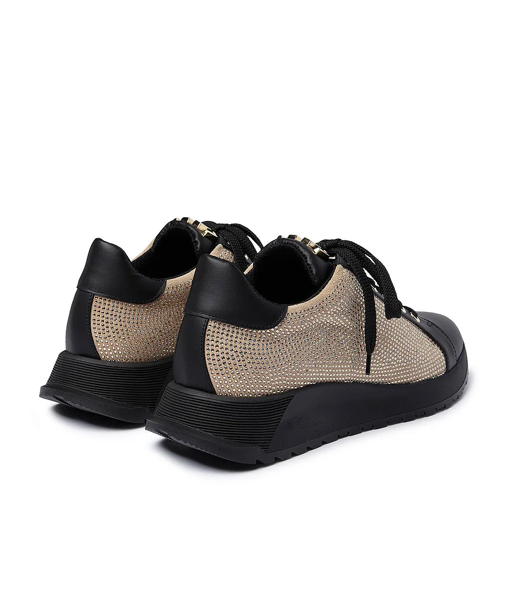 Rhinestoned black leather and beige suede sneakers
