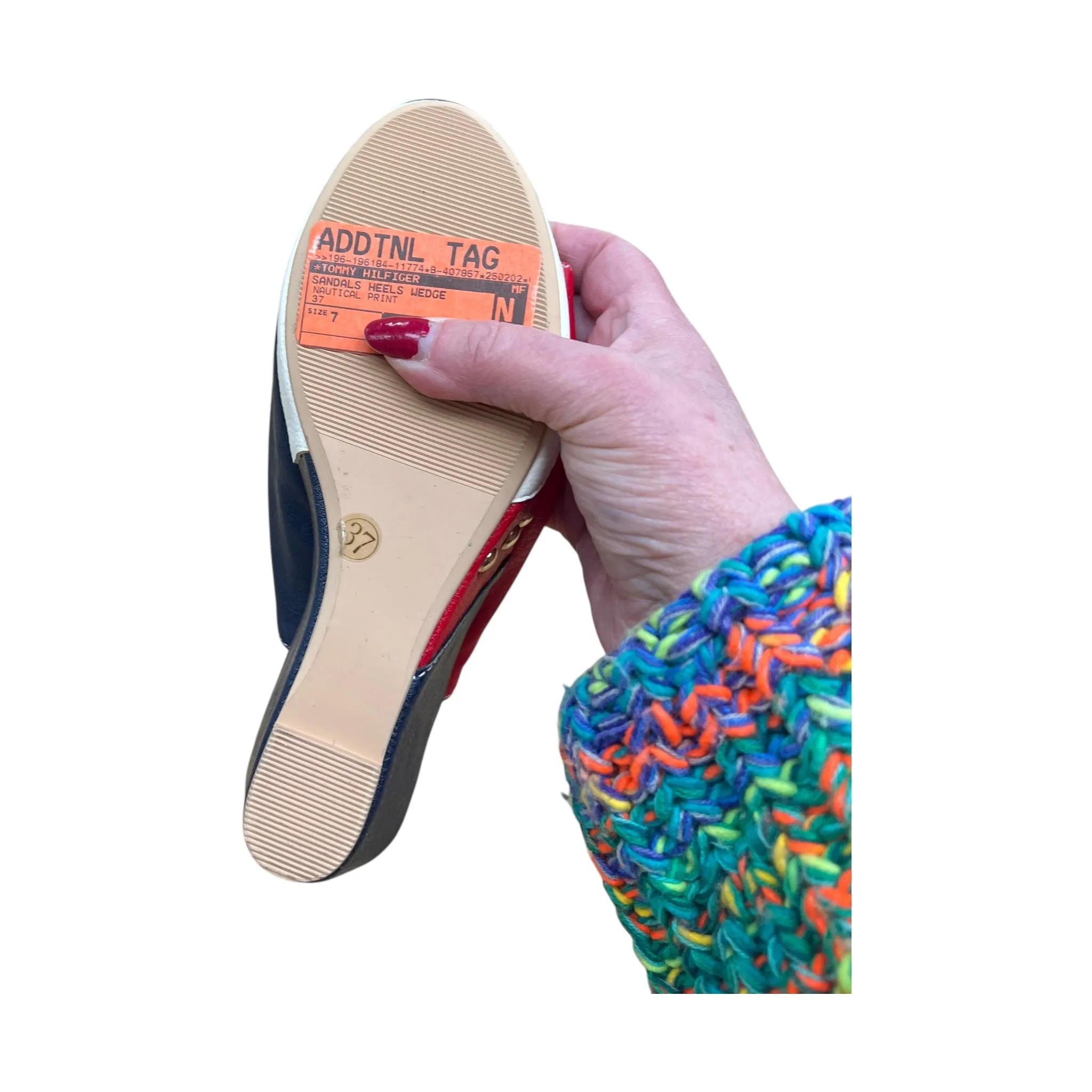 Sandals Heels Wedge By Tommy Hilfiger In Nautical Print, Size:7