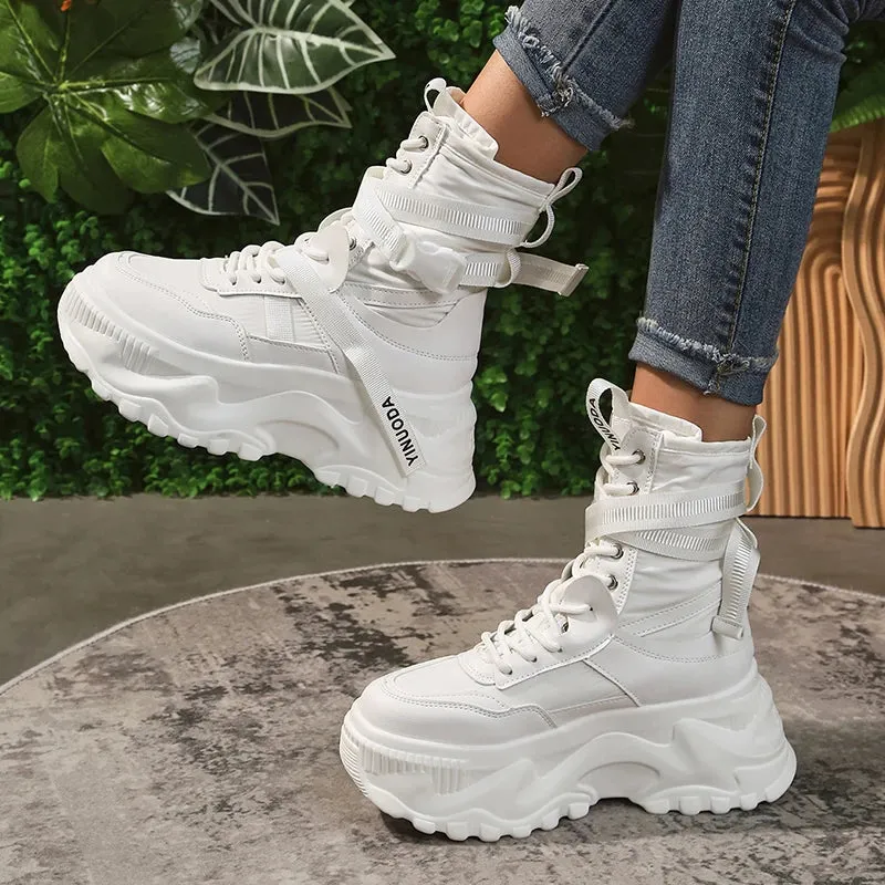 Sohiwoo Black White Chunky Platform Ankle Boots for Women  Autumn Thick Bottom Motorcycle Shoes Lace Up Punk Botas De Mujer