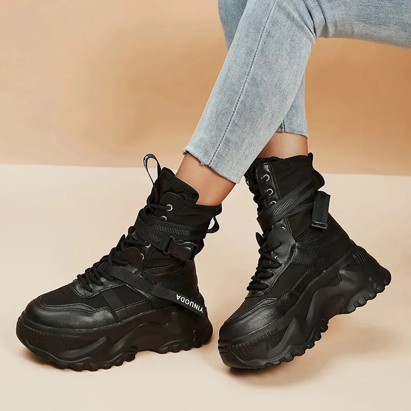 Sohiwoo Black White Chunky Platform Ankle Boots for Women  Autumn Thick Bottom Motorcycle Shoes Lace Up Punk Botas De Mujer