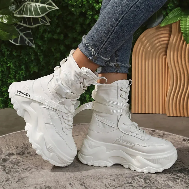 Sohiwoo Black White Chunky Platform Ankle Boots for Women  Autumn Thick Bottom Motorcycle Shoes Lace Up Punk Botas De Mujer