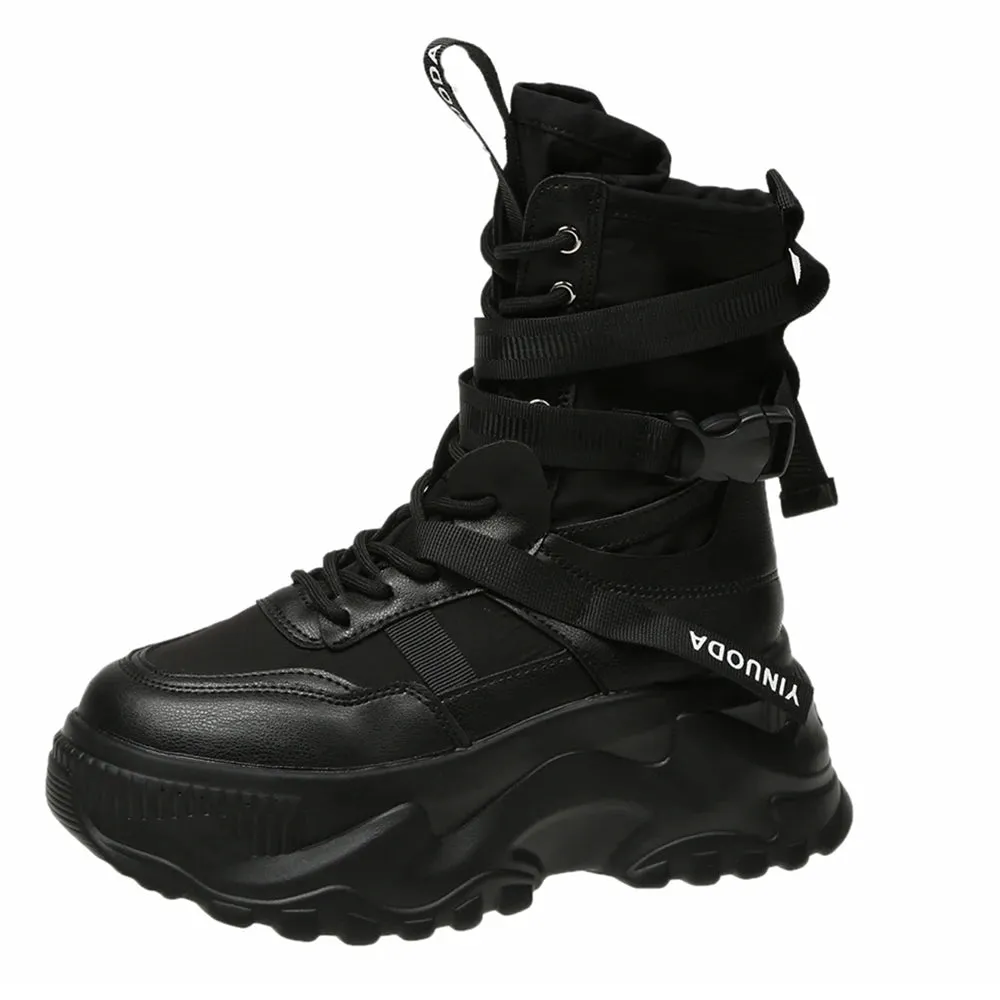 Sohiwoo Black White Chunky Platform Ankle Boots for Women  Autumn Thick Bottom Motorcycle Shoes Lace Up Punk Botas De Mujer