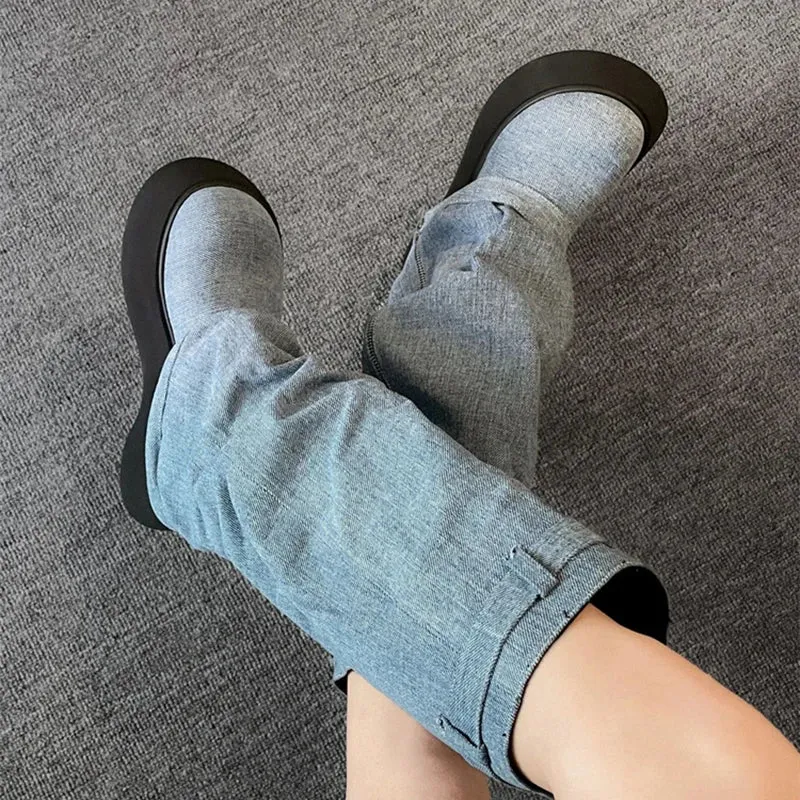 Sohiwoo Pleated Chunky Platform Knee High Denim Boots Women Autumn Thick Bottom Wedge Western Boots Woman Side Zipper Cowgirl Botas