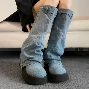 Sohiwoo Pleated Chunky Platform Knee High Denim Boots Women Autumn Thick Bottom Wedge Western Boots Woman Side Zipper Cowgirl Botas