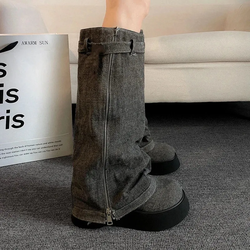 Sohiwoo Pleated Chunky Platform Knee High Denim Boots Women Autumn Thick Bottom Wedge Western Boots Woman Side Zipper Cowgirl Botas