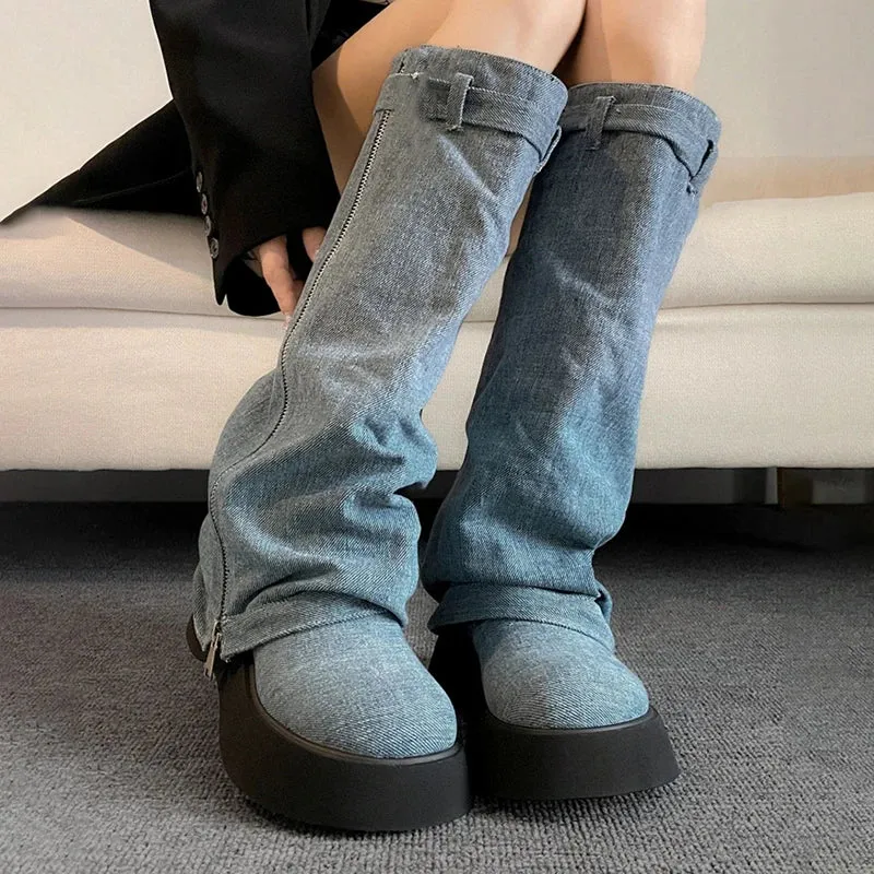 Sohiwoo Pleated Chunky Platform Knee High Denim Boots Women Autumn Thick Bottom Wedge Western Boots Woman Side Zipper Cowgirl Botas