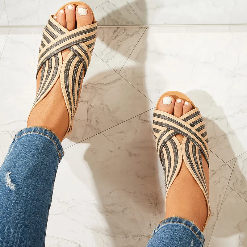 Sohiwoo Stripe Ankle Strap Wedge Heels Peep Toe Back Zipper Sandals