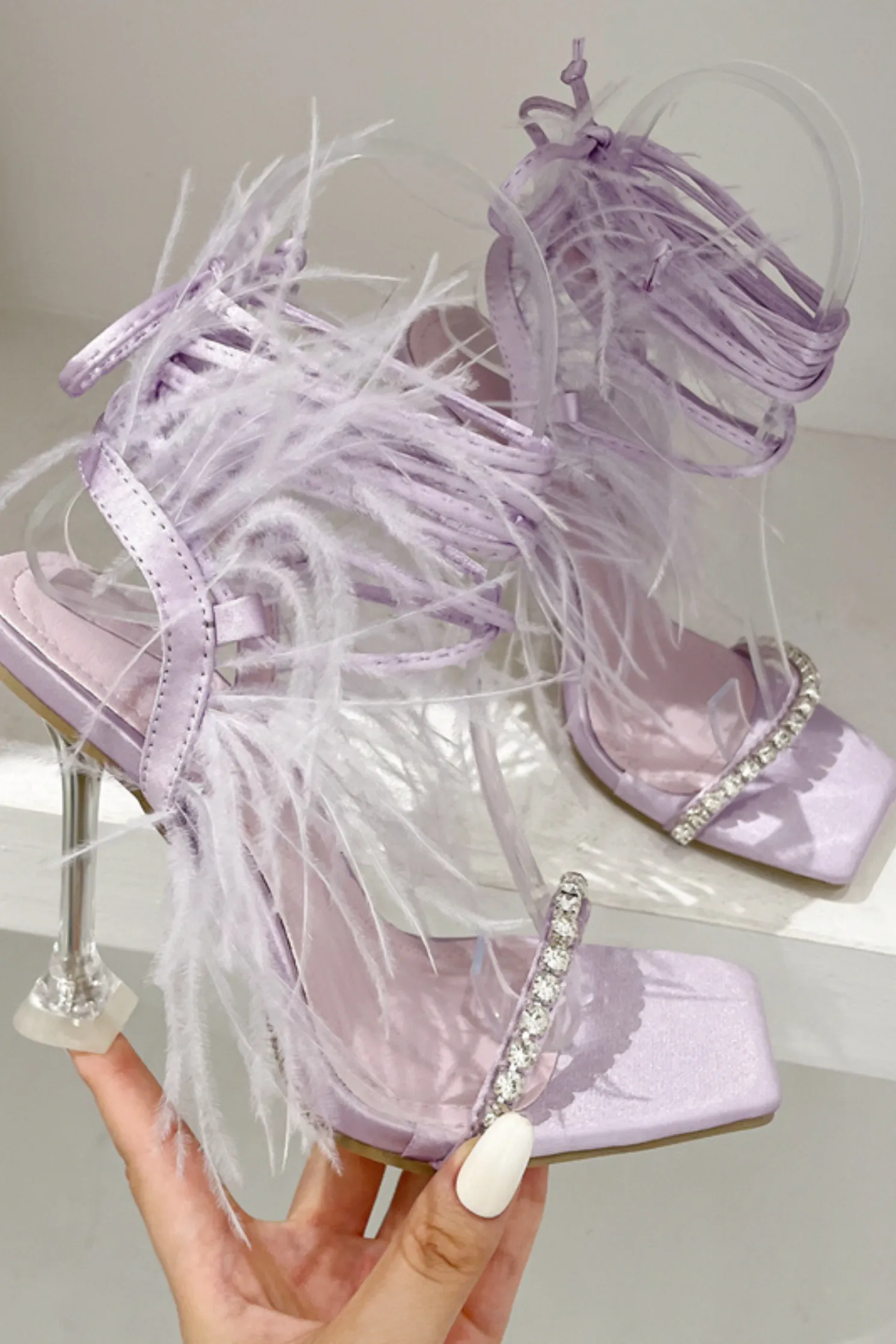 Square Toe Rhinestone Feather Lace Up Heels