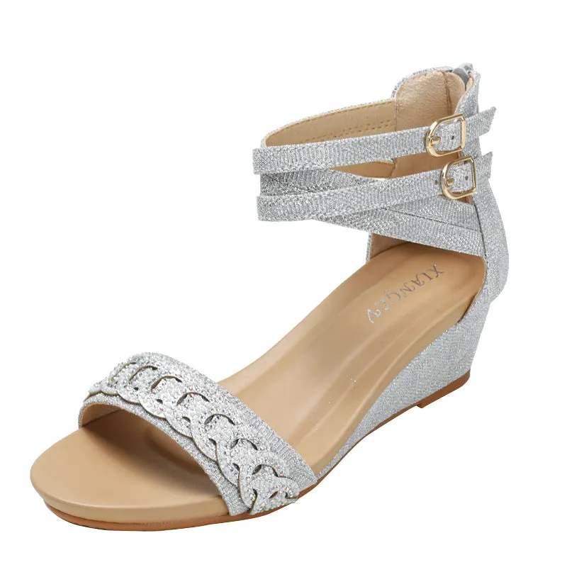 Summer Wedge Shoes for Women Sandals Rhinestones High Heels One Word Belt Casual Ladies Buckle Fashion Female Sandalias Mujer